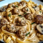 Cremige Pasta in Pilz-Sahne-Sauce mit Hackfleischbällchen