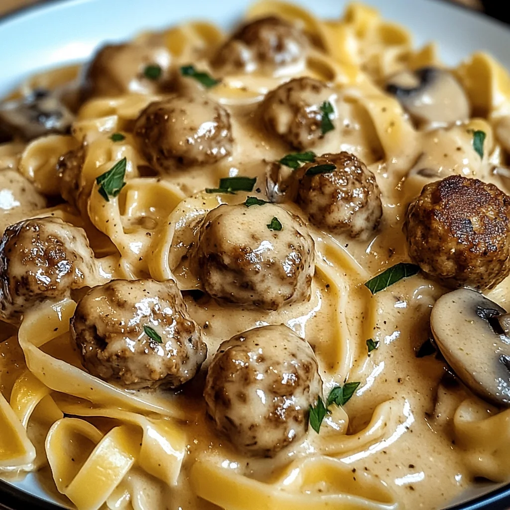 Cremige Pasta in Pilz-Sahne-Sauce mit Hackfleischbällchen