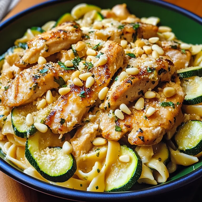 Zucchini Parmesan Pasta mit Hähnchen und Pinienkernen
