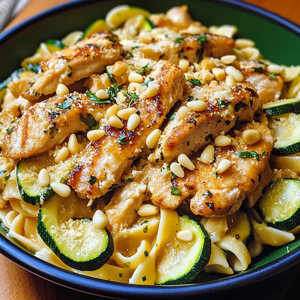 Zucchini Parmesan Pasta mit Hähnchen und Pinienkernen